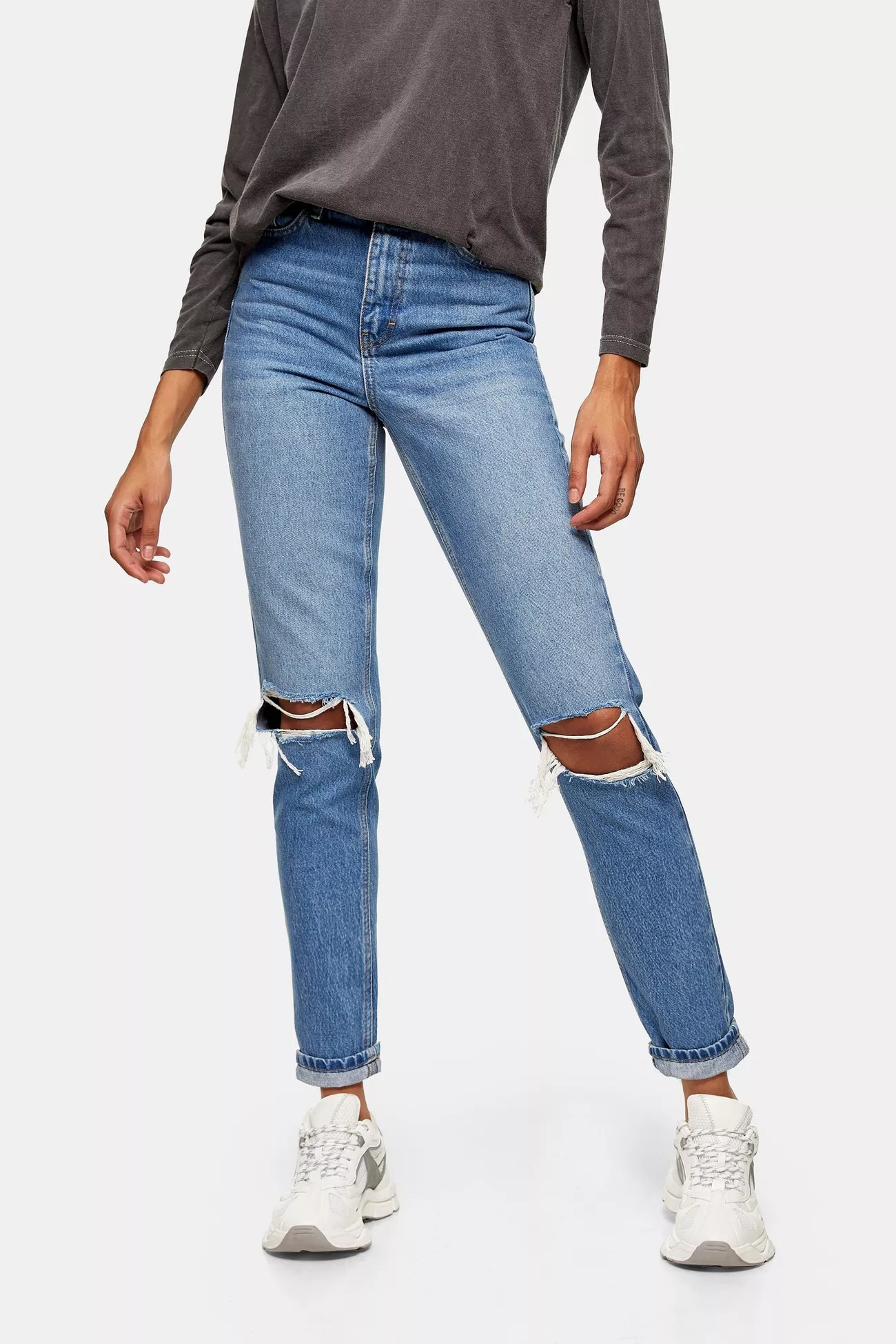 Mid Blue Double Ripped Mom Tapered Jeans | Topshop UK