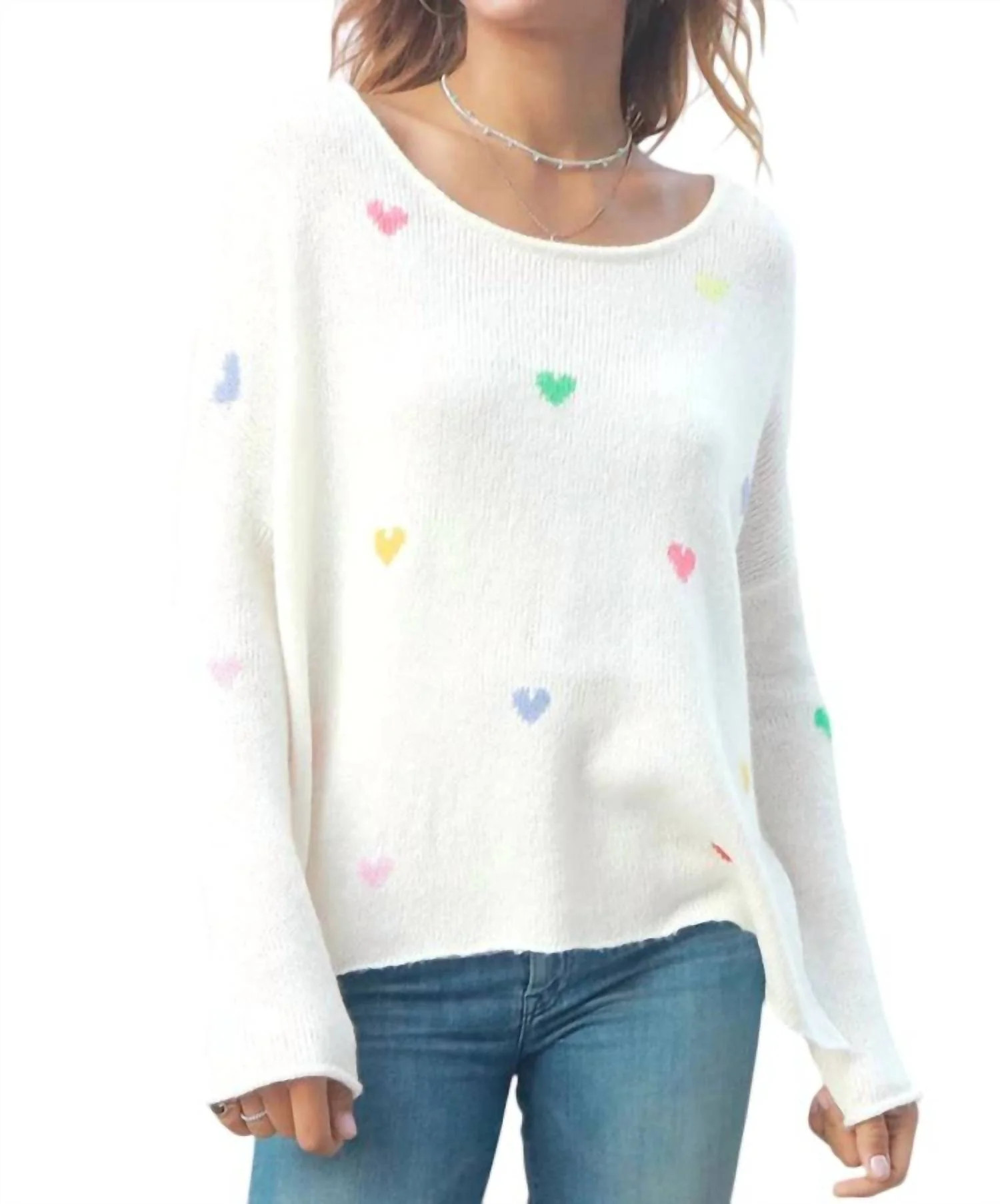 Rainbow Hearts Crew Lightweight Sweater In Pure Snow/multi | Shop Simon