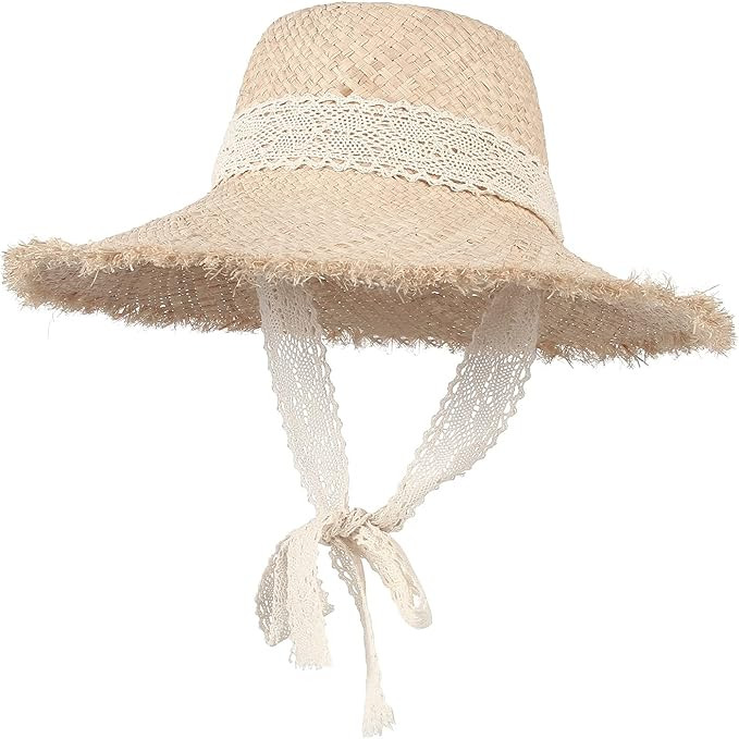 GEMVIE Women's UPF 50+ Straw Sun Hat Wide Brim Floppy Fedora Straw Hat Beach Raffia Sun Hat with ... | Amazon (US)