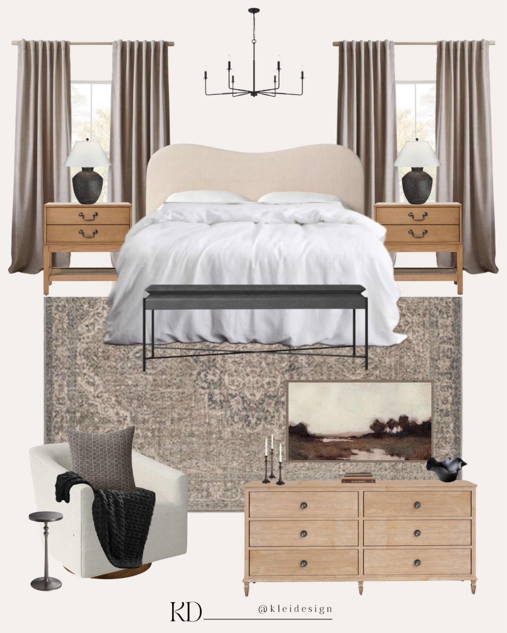 Warm and cozy primary bedroom inspiration 🤍
•
Master bedroom, upholstered bed frame, linen headboard, wood nightstands, end of bed bench, swivel chair, bedroom decor, transitional bedroom, transitional decor, organic modern, wood dresser, neutral bedroom 

#LTKStyleTip #LTKHome #LTKSaleAlert