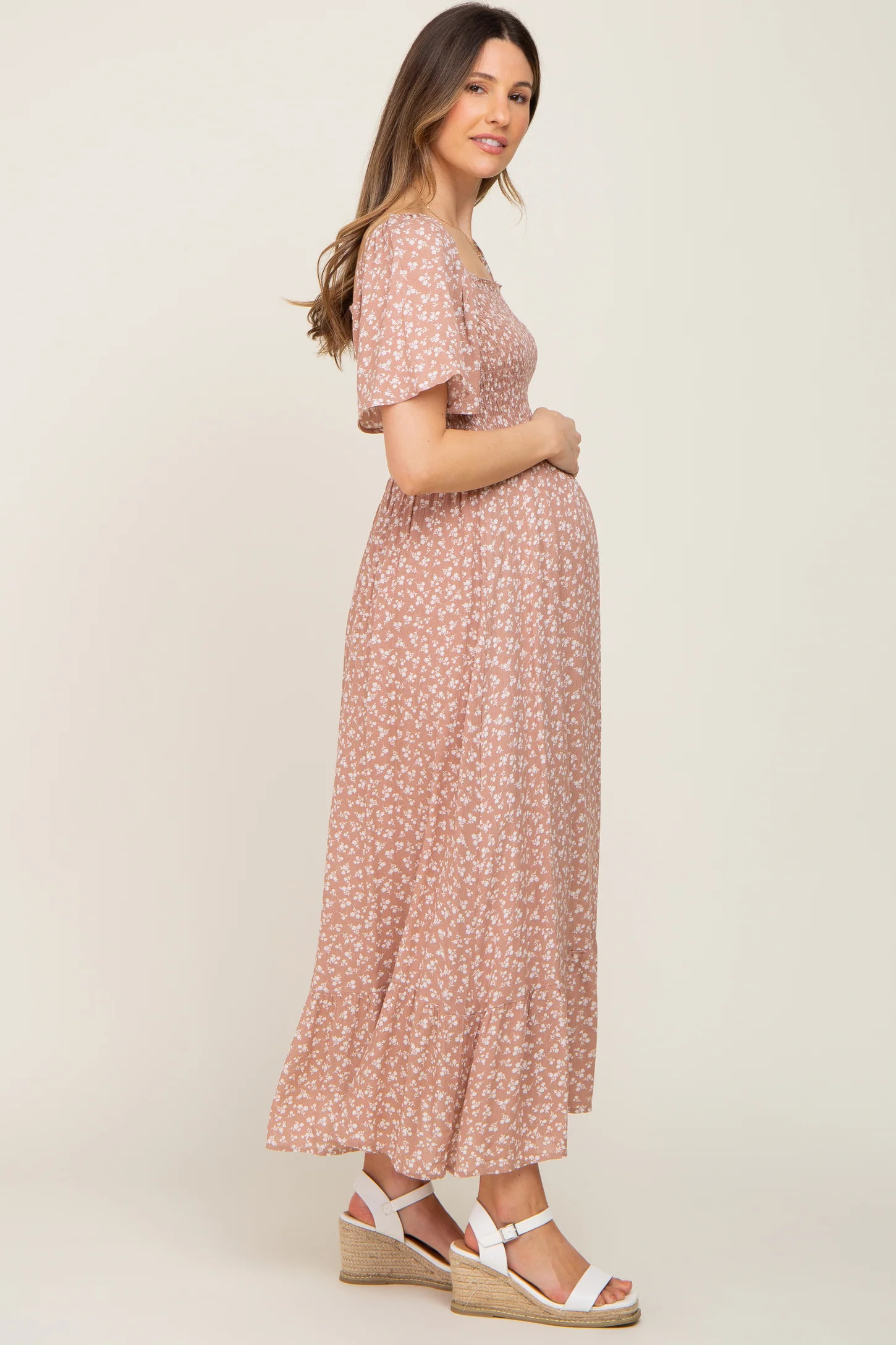 Taupe Floral Smocked Maternity Midi Dress | PinkBlush Maternity