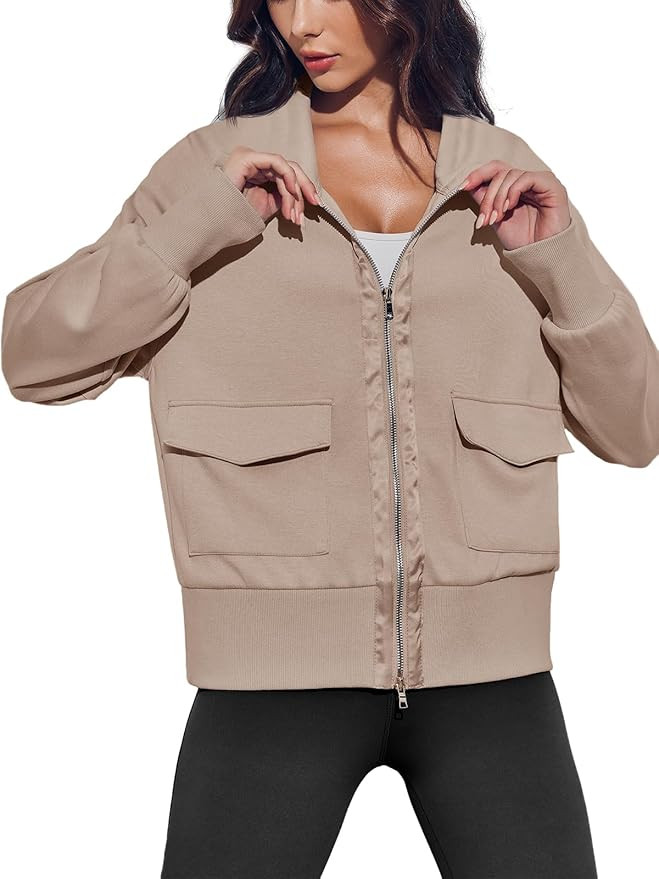 Fisoew Women's Zip up Sweatshirt Collared Neck Long Sleeve Loose Casual Lightweight Jacket with P... | Amazon (US)