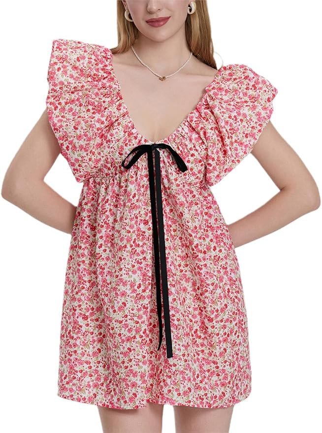 Women Y2k Floral Print Mini Dress Boho V Neck Puff Sleeve Short Dress Bow Tie Flowy Dress Beach S... | Amazon (US)