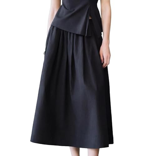 URBAN REVIVO Women's Black High Waist Ruched A-Line Midi Skirt – Casual Stretchy Work Skirt for Spring Daily Outfits Small, Black | Amazon (US)