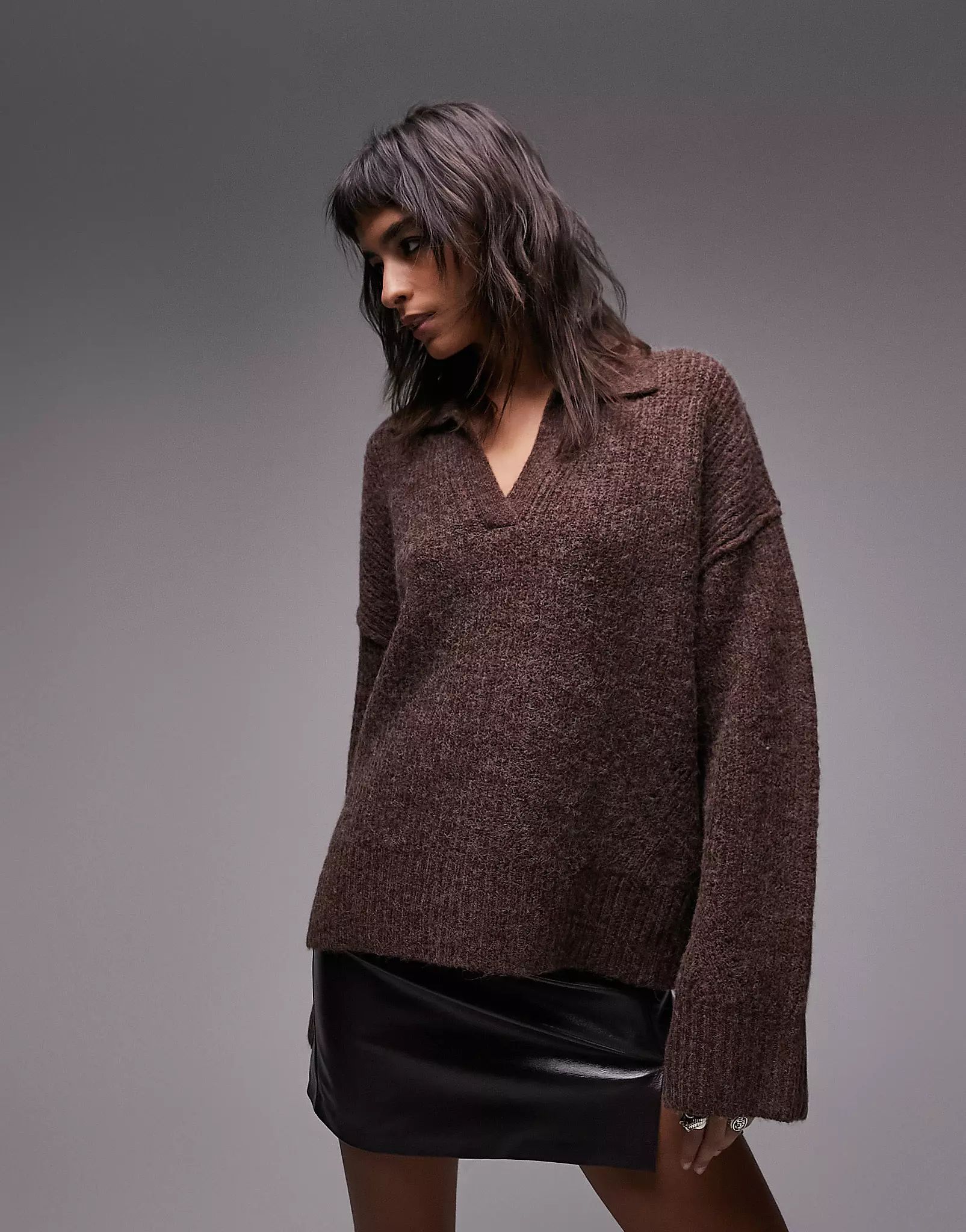 Topshop knit v-neck collared chuck on sweater in dark brown | ASOS (Global)