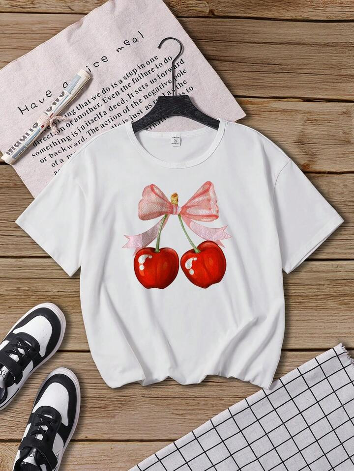 Young Girl Summer Cherry Printed Round Neck Casual Short Sleeve T-Shirt | SHEIN
