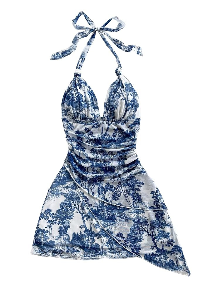 SOLY HUX Vestido corto sexy con estampado de teñido anudado y cuello en V para mujer, estilo ret... | Amazon (US)