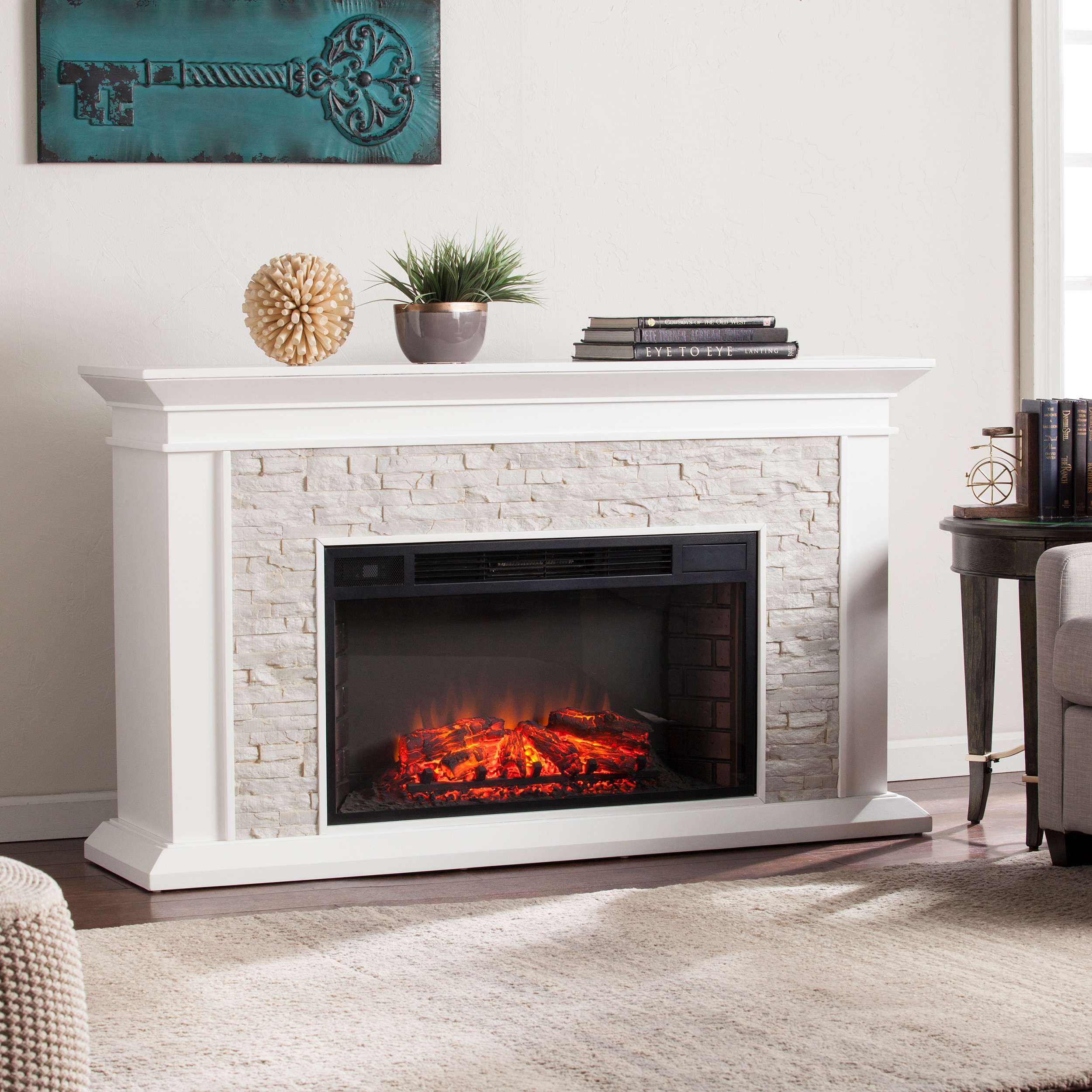 Safavieh Canyon Heights Faux Stacked Stone Electric Fireplace/White | FE9021 | Lowe's