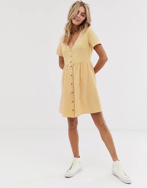 ASOS DESIGN mini v neck button through smock dress in stripe | ASOS US