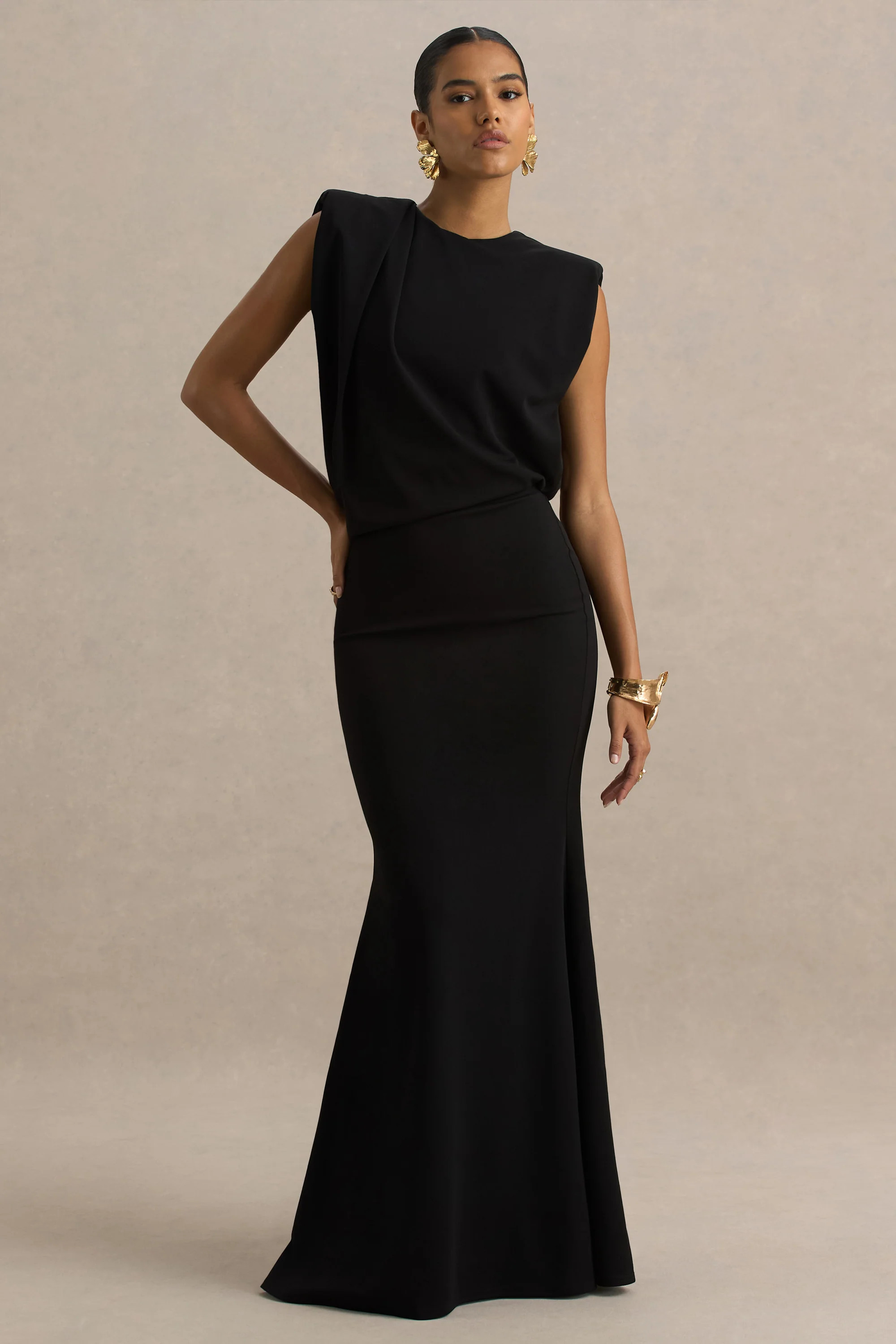 Meave | Black Boat-Neck Maxi Dress With Draped Detail | Club L London