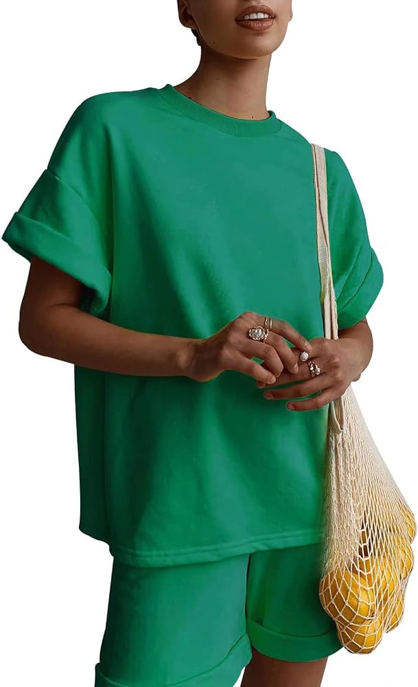 Women's 2 Piece Outfits Summer Casual Short Sleeve Top and Shorts Set Tracksuit 100% Cotton | Amazon (US)