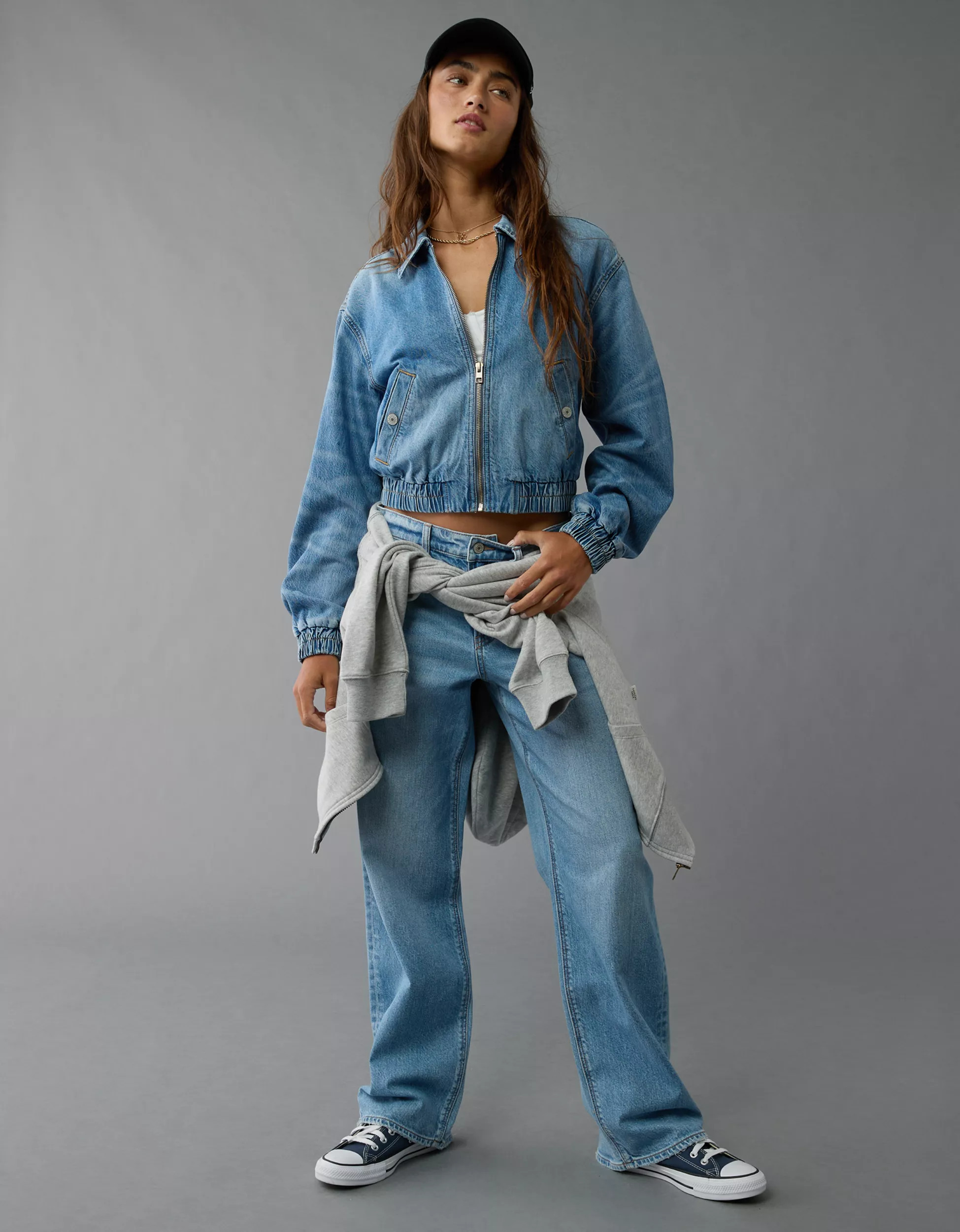 AE Cropped Zip-Up Denim Bomber | American Eagle Outfitters (US & CA)