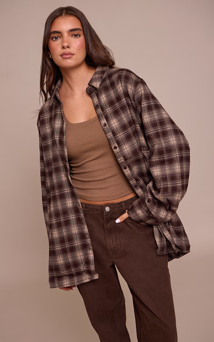 Chocolate Brushed Check Oversized Shirt | PrettyLittleThing UK