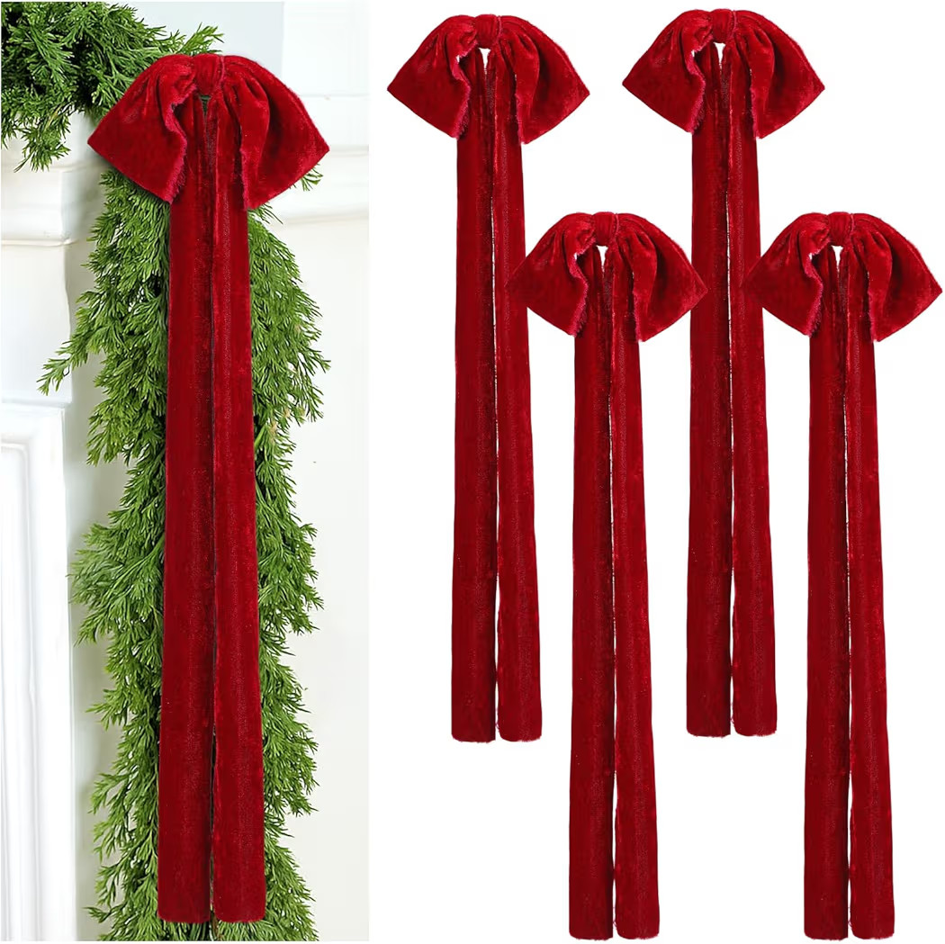 4 Pcs Large Velvet Bows for Christmas Tree 35.5 x 11.8 Inches Rustic Velvet Ribbon Bow Christmas ... | Amazon (US)