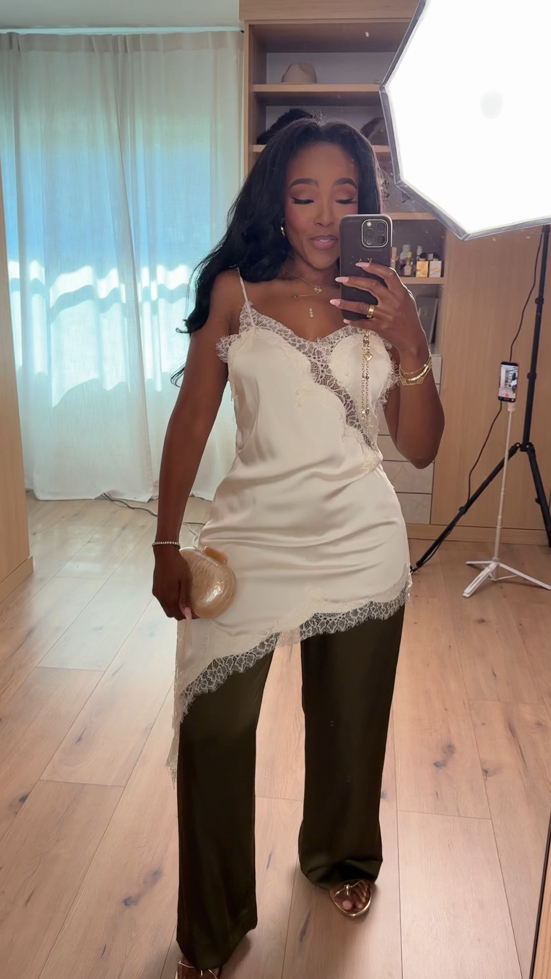 Scroll to shop this elevated satin and trouser look.

Perfect for date night, dinner, or a chic evening outfit.

📏 Measurements: 5’4”, 140 lbs, 34D bust, 27” waist, 40” hips

Follow me on Instagram and YouTube @kirasfashionfinds