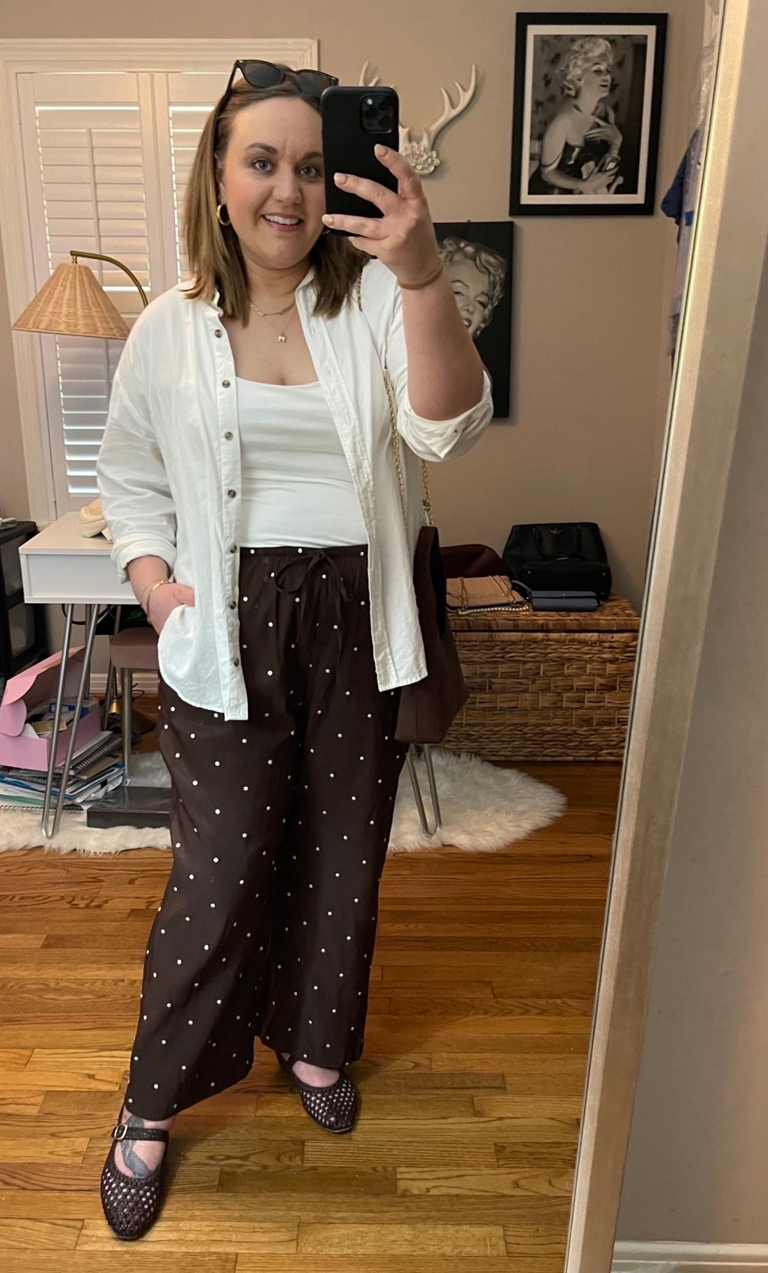 Fall transitional outfit
Polka dot pants, dark brown pants, chocolate pants, taffeta pants, double layer tank, white button down, oversized button down, woven flats, brown flats, fall outfit, fall style, chocolate brown, Mary Jane flats

#LTKootd #LTKMidsize #LTKmomlife