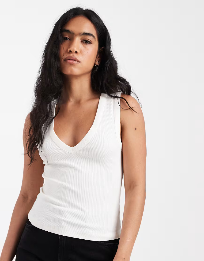 ASOS DESIGN ribbed v neck vest in ivory-White | ASOS (Global)