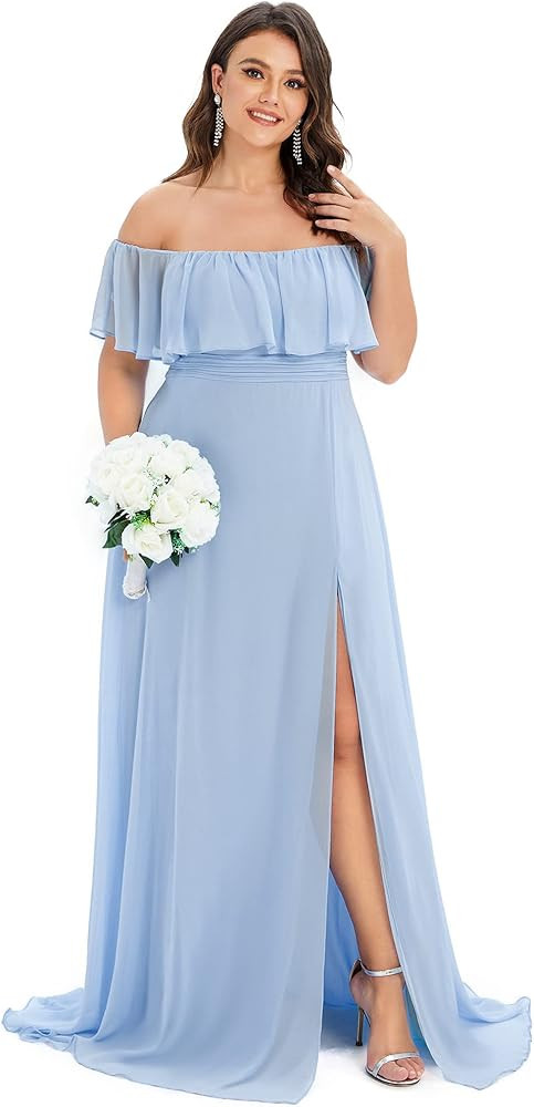 Ever-Pretty Women's Plus Size Off Shoulder Ruffle Sleeves Side Split Chiffon Floor Length Formal ... | Amazon (US)