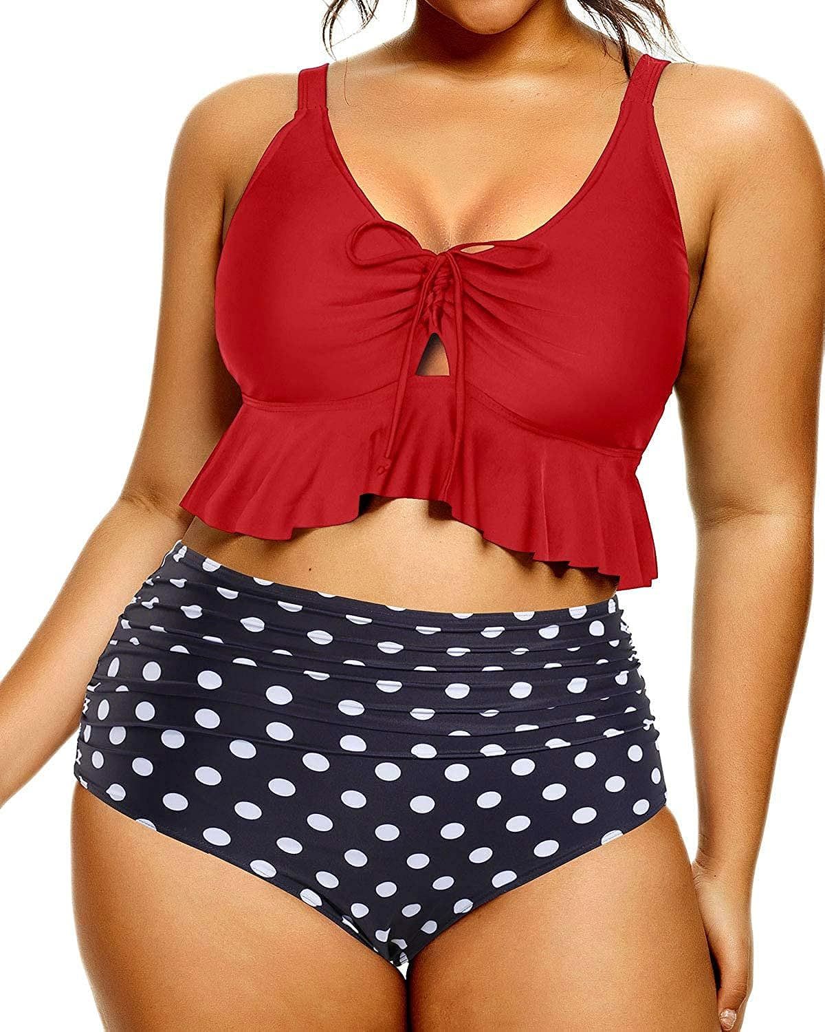 Daci Women Plus Size Two Piece Swimsuits High Waisted Bikini Set Ruffle Flounce Tummy Control Bat... | Amazon (US)