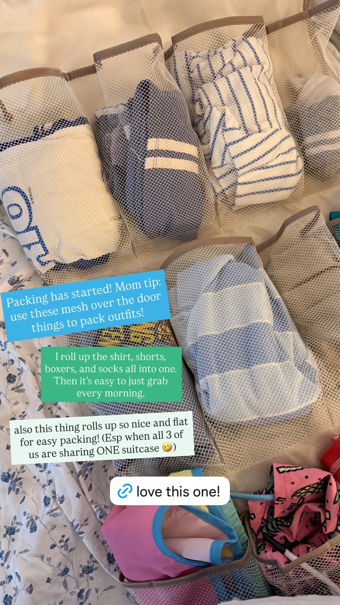 Packing has started! Mom tip: use these mesh over the door things to pack outfits!  I roll up the shirt, shorts, boxers, and socks all into one. Then it’s easy to just grab every morning.  also this thing rolls up so nice and flat for easy packing! (Esp when all 3 of us are sharing ONE suitcase 🤣)

#LTKKids #LTKmomlife #LTKTravel
