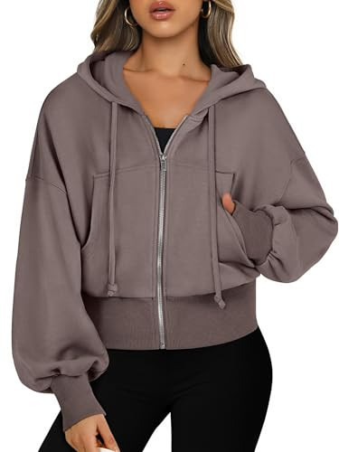 ANRABESS Women's Zip Up Hoodie Cropped Sweatshirt Taupe X-Small | Amazon (US)