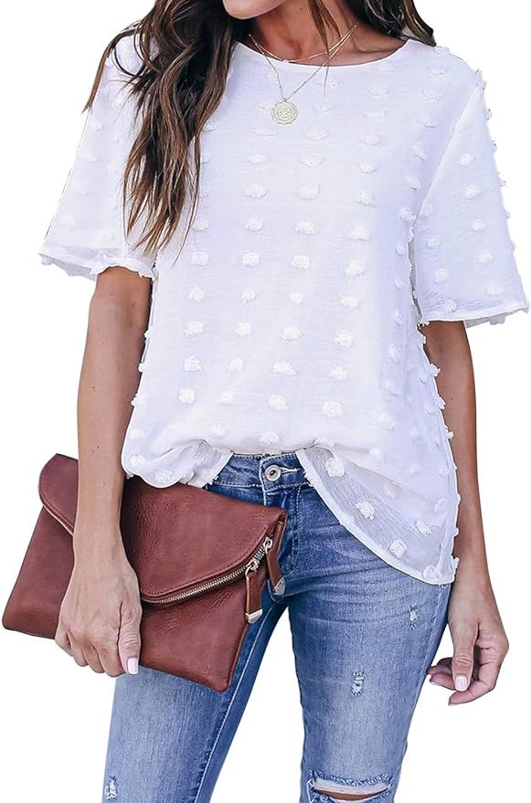 Blooming Jelly Womens Chiffon Blouse Summer Casual Round Neck Short Sleeve Swiss Dot Shirts Tops | Amazon (US)