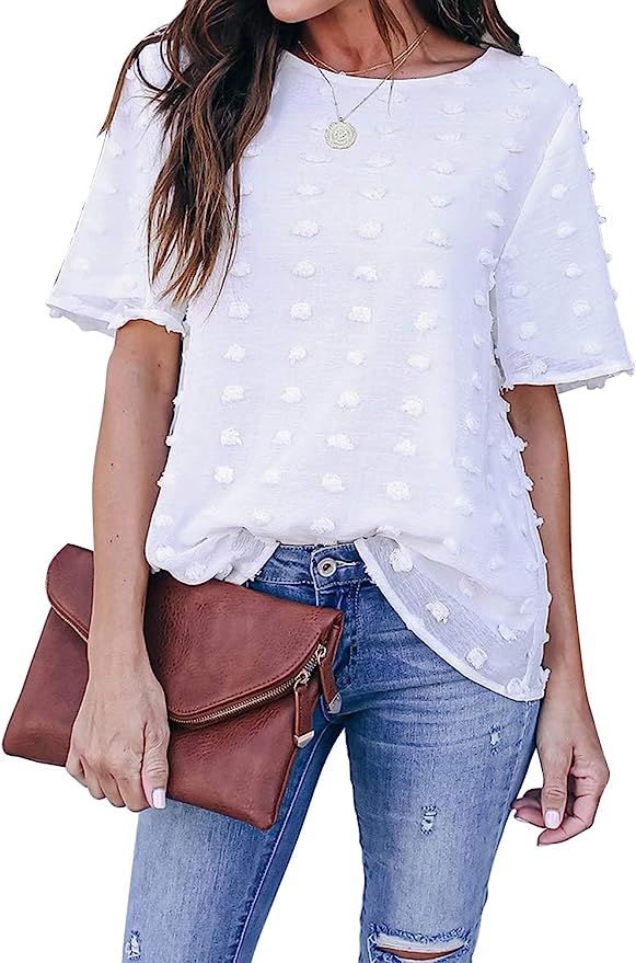 Blooming Jelly Womens Chiffon Blouse Summer Casual Round Neck Short Sleeve Pom Pom Shirts Tops | Amazon (US)