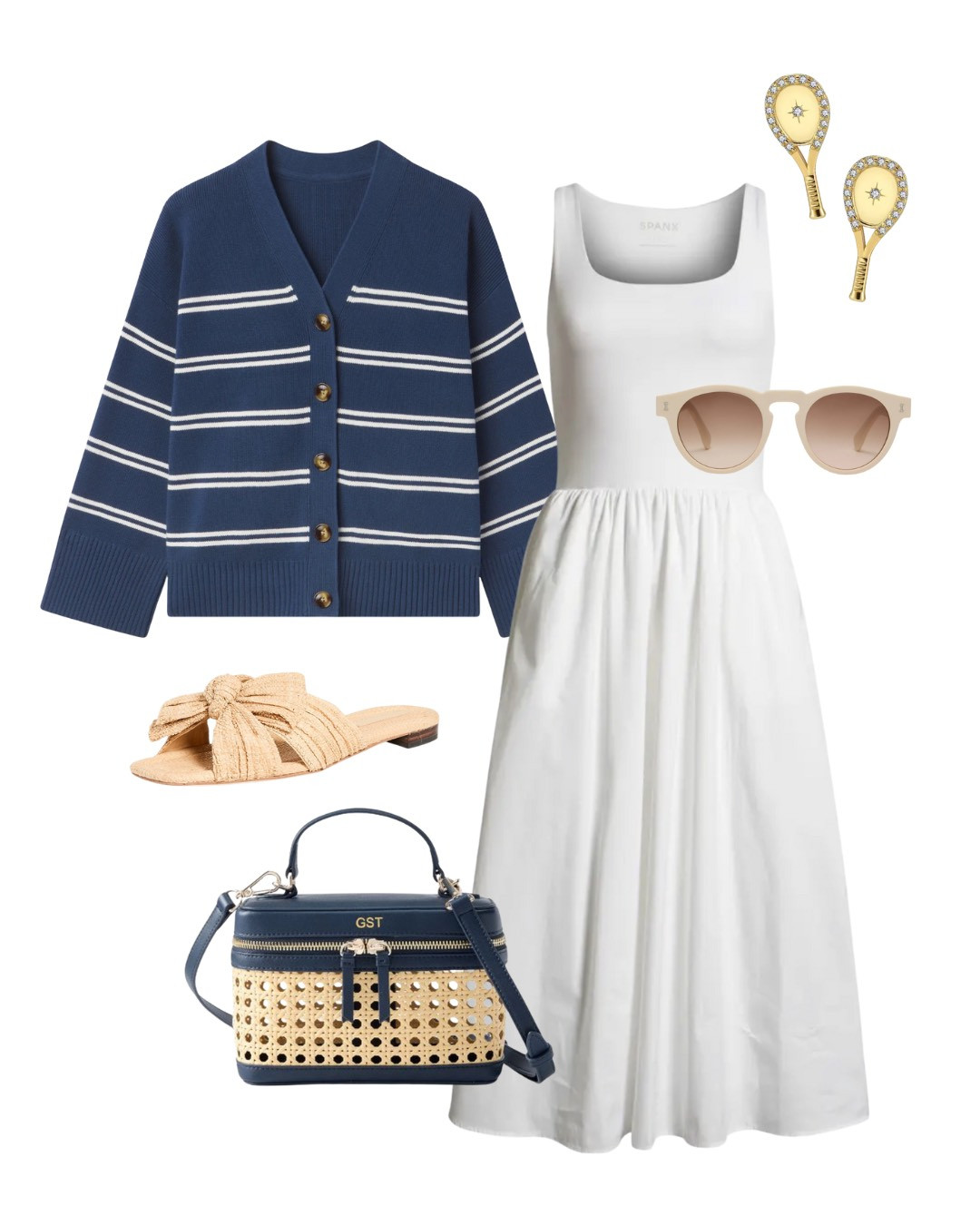 A classic, preppy, and girly US Open outfit idea! 

Tennis outfit, tennis tournament, white dress, blue and white cardigan, sweater, cardigan sweater, tennis earrings, tenniscore, coastal style, slide sandals, cane crossbdoy, monogrammed bag, sunglasses, summer outfit, summer style 

 #LTKSeasonal #LTKStyleTip #LTKPlusSize