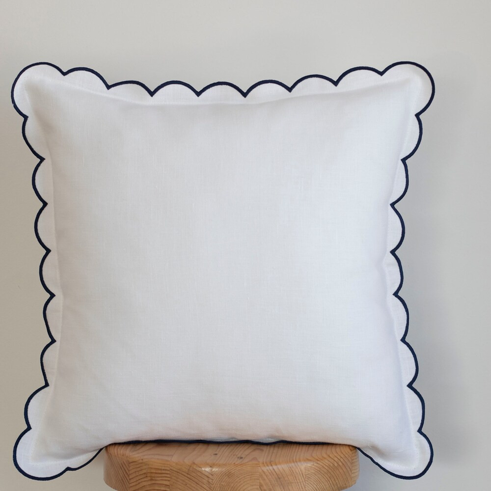 White Linen Scalloped Edge Pillow Cover With Pale Blue Detailing 16x16'' Size - Etsy | Etsy (US)