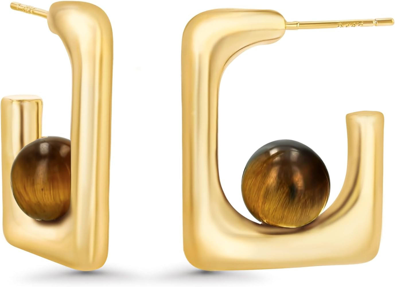 Thin 18K gold plated Open Square Hoops Statement Earrings with Brown Tiger Eye Stone for Women by... | Amazon (US)