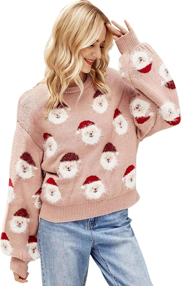 Ugly Christmas Sweater Women Funny Santa Xmas Cute Snowflake Holiday Party Knitted Pullover Tops | Amazon (US)