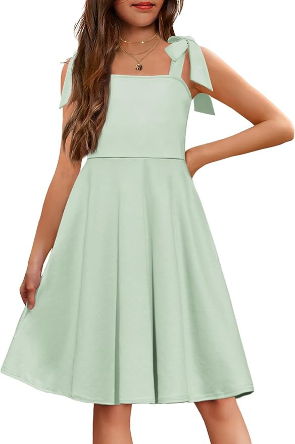Arshiner Girls Summer Dress Tie Strap Sleeveless Solid Color Square Neck Party Dresses 6-11 Y | Amazon (US)