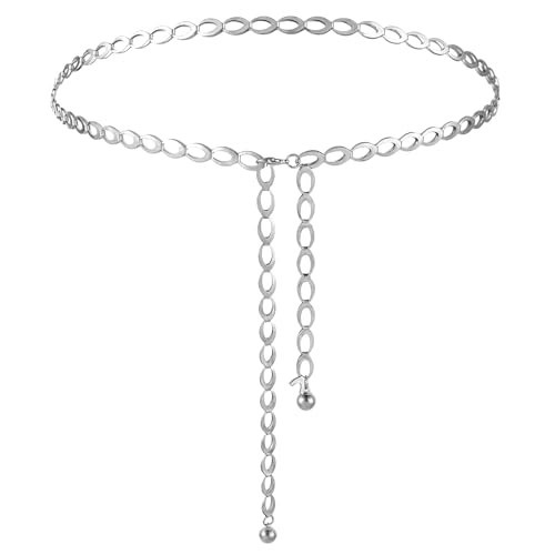 Andibro Metal Waist Chain Belt for Women, Adjustable Waist Chain Link Body Girls Waist Long Hollow Belt for Jean Pants Dress（silver） | Amazon (US)