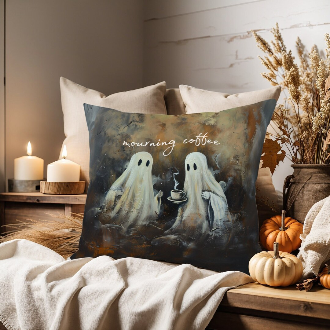 Mourning Coffee Pillow Cover, Halloween Decorations, Ghost Couple Drinking Coffee | Etsy (US)