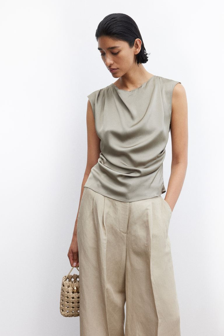 Draped Satin Top - Greige - Ladies | H&M AU | H&M (AU)