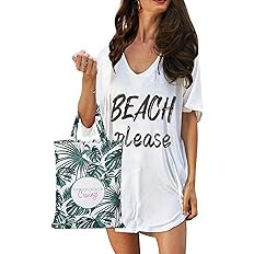 Swimsuit Cover Ups for Women Baggy V-Neck Swimwear Bathing Suit Coverups T-Shirt Dress Beach Summ... | Amazon (US)