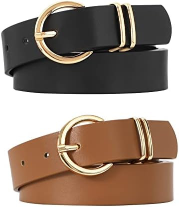 VONMELLI 2 Pack Women's Leather Belts for Jeans Dresses Fashion Gold Buckle Ladies Belt | Amazon (US)