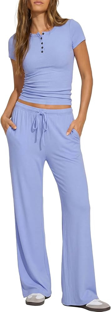 Darong Womens 2 Piece Matching Lounge Sets Summer Short Sleeve Henley Shirts Wide Leg Pants Airpo... | Amazon (US)