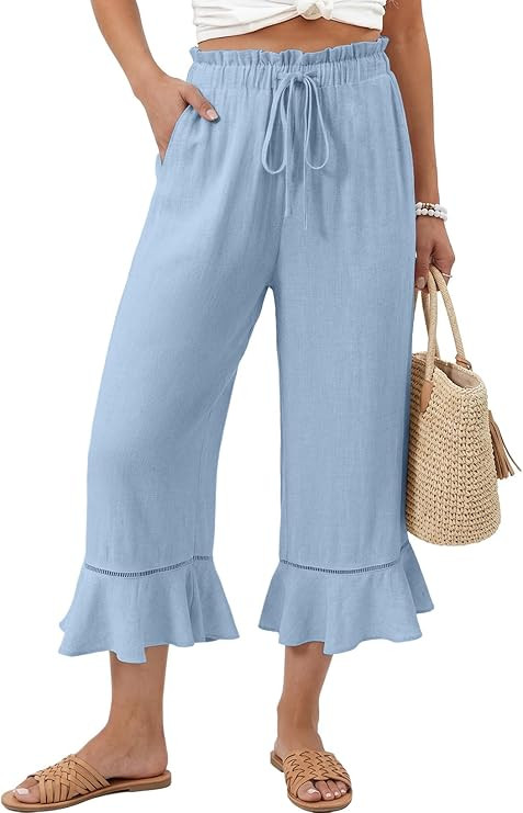 EVALESS Linen Pants Women Summer Casual Wide Leg Drawstring Elastic Waist Ruffle Hem Capri Pants ... | Amazon (US)