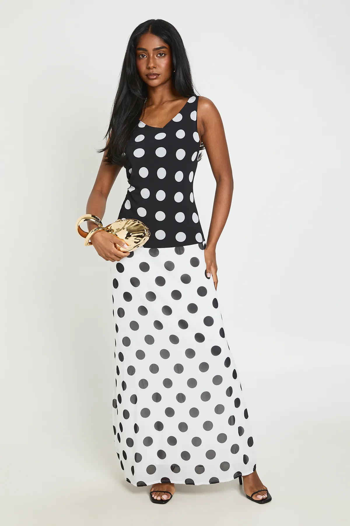 Polka Dot Mono Split Cowl Back Maxi Dress | Boohoo.com (UK & IE)