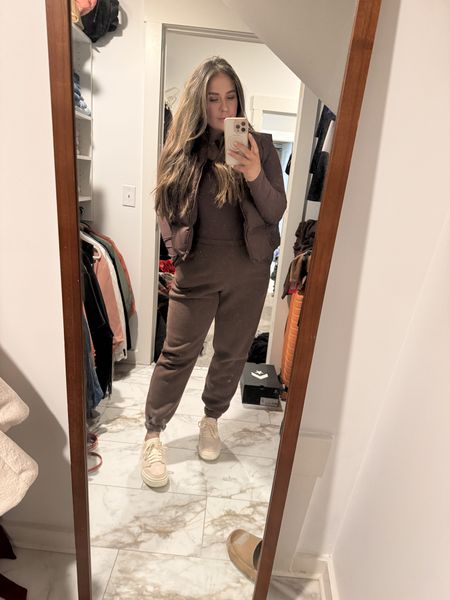 The all brown fit from Nuuds is so comfy! Perfect for a day running errands or a casual lunch with the girls! Brown Joggers, Bodysuit and Puffer Vest all in XL

#LTKplussize