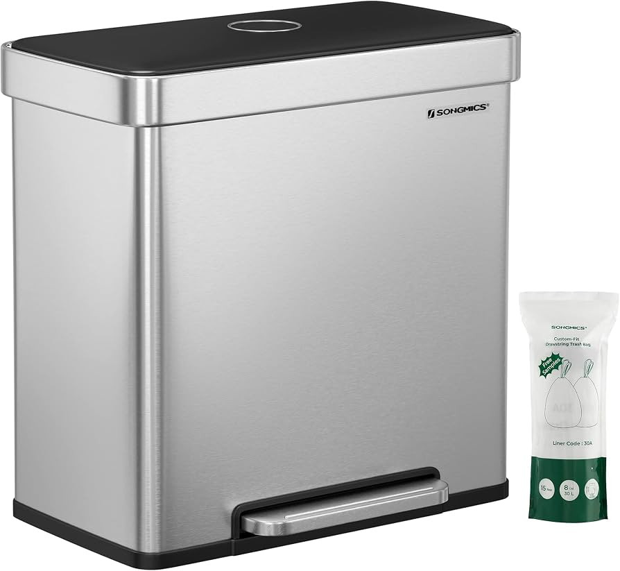 SONGMICS Kitchen Trash Can, 16 Gallons (2 x 8 Gallons) Dual Compartment Garbage Can, 60L Pedal Recyc | Amazon (US)