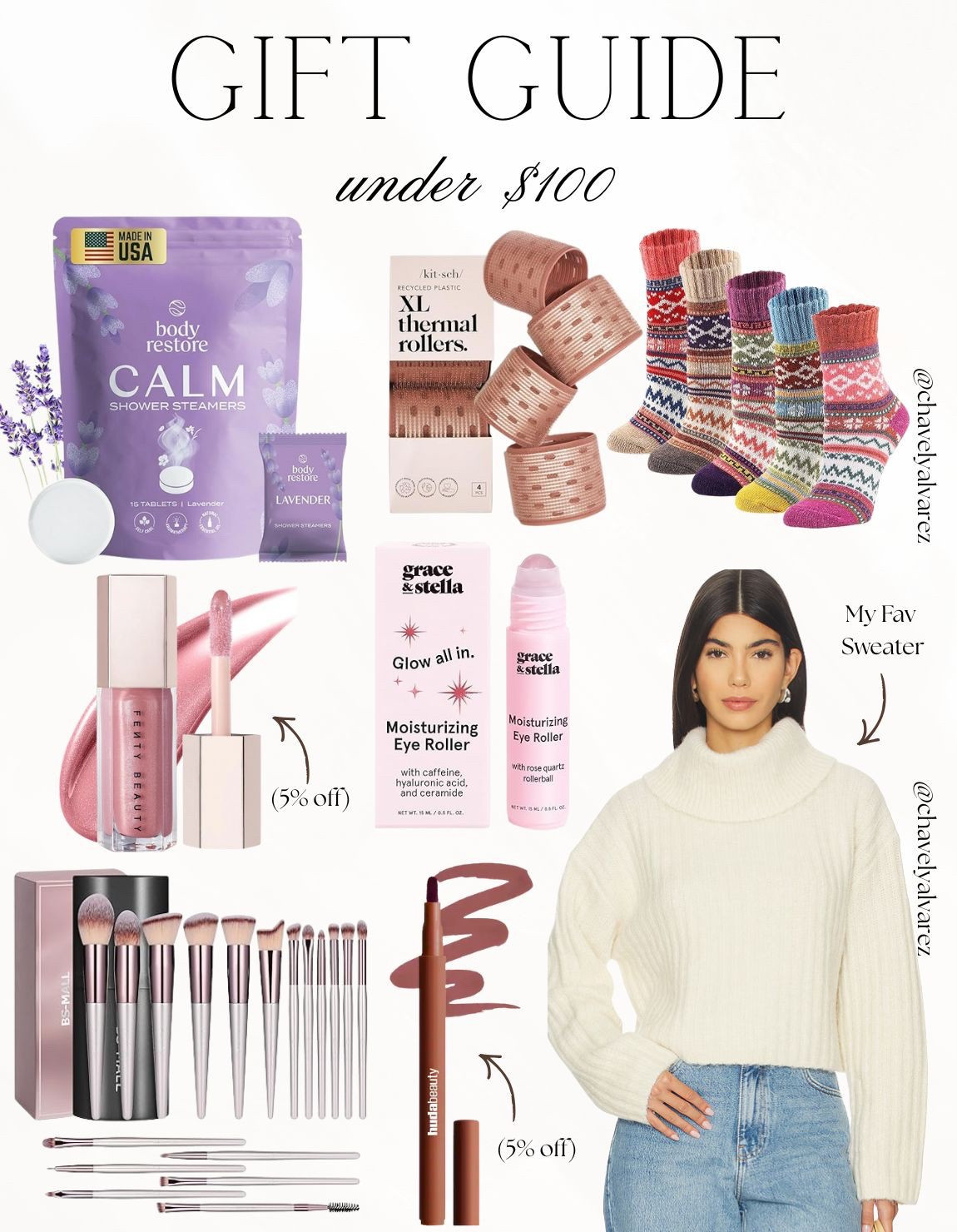 GIFT GUIDE: Self-Care Essentials, Beauty Faves, & Cozy Knits! 🎁

Find the perfect present for everyone on your list with this curated gift guide under $100! ✨

We are obsessed with the variety of thoughtful finds: from relaxing lavender shower steamers and XL thermal hair rollers to a complete professional makeup brush set. Elevate their beauty routine with high-end favorites like the Fenty Beauty gloss and a moisturizing eye roller, or gift a touch of everyday luxury with a Huda Beauty lip liner. Complete the cozy vibes with a pair of vibrant patterned crew socks and my favorite statement piece: a chic, ivory oversized turtleneck sweater that’s perfect for the season!

#GiftGuide
#GiftsUnder100
#SelfCare
#BeautyMustHaves
#HolidayGifts
#CozyVibes
#MakeupLover
#SkincareRoutine
#FentyBeauty
#HudaBeauty
#WinterFashion
#LTKGiftGuide
#HolidayShopping
#GiftInspo
#StockingStuffers


#LTKFindsUnder100 #LTKGiftGuide #LTKFindsUnder50