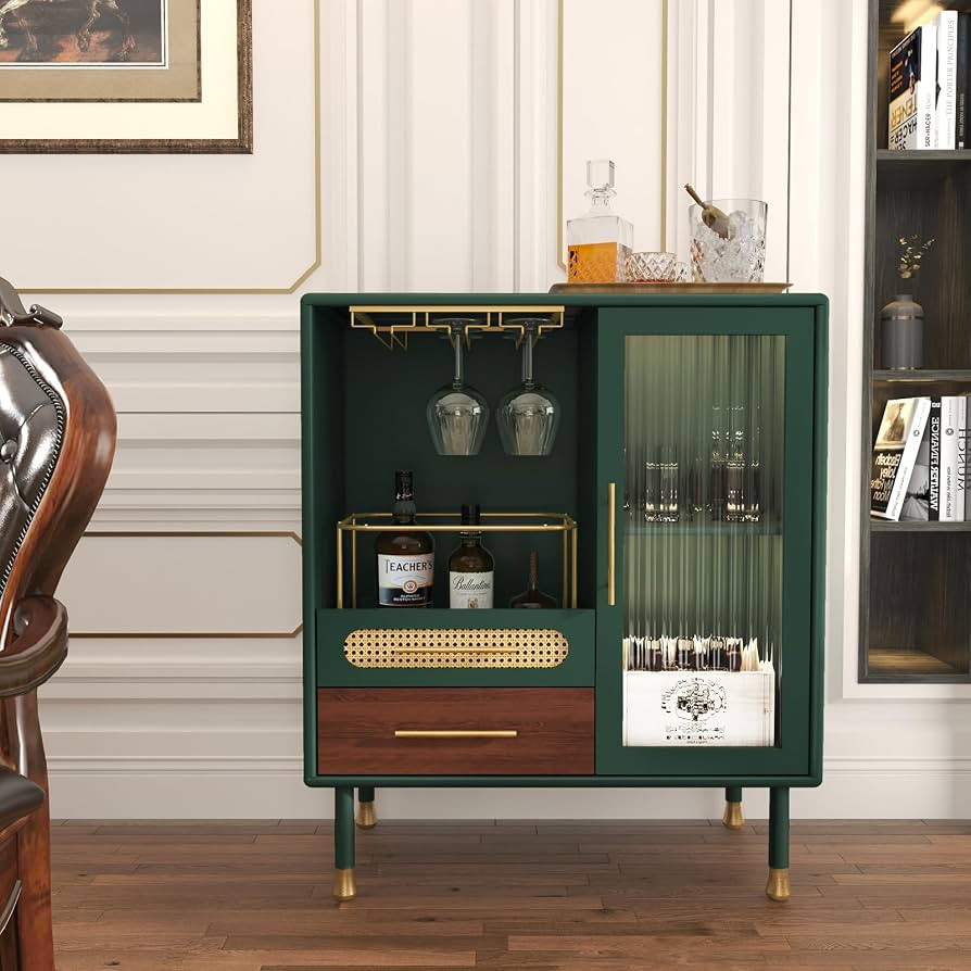 ARTPOWER Modern Coffee Bar Cabinet with Wine Glass Rack and Drawers, Green Liquor Cabinet with Pu... | Amazon (US)