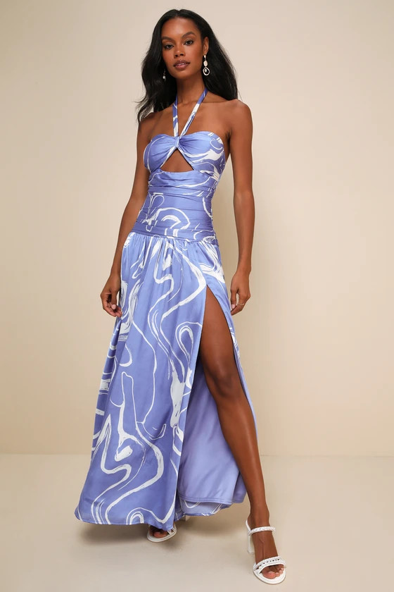 Ultimate Desire Periwinkle Abstract Print Satin Maxi Dress | Lulus
