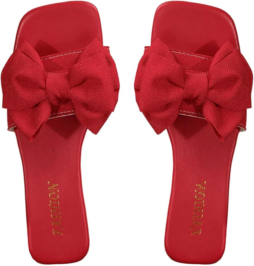 Verdusa Women's Bow Square Toe Flat Sandals Summer Slides Slip On Sandals | Amazon (US)