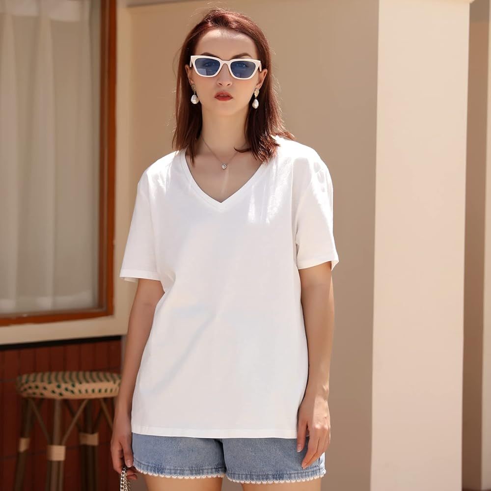 Women Tee Shirt,100% Cotton V Neck t-Shirts for Ladies Short Sleeves Summer Fit Top Classic Girls | Amazon (US)