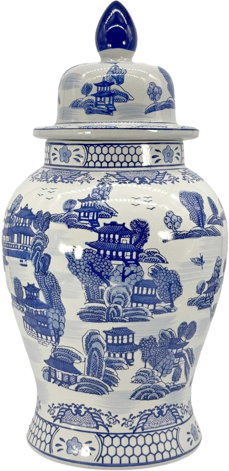 Large 25" Blue & White Classic Landscape Chinoiserie Ceramic Temple Jar w/Lid - Ginger Jar Home & Kitchen Decor for Interior Design - 25-inch | Amazon (US)