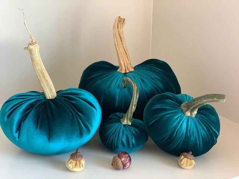 Velvet Pumpkin Teal, Velvet Pumpkin with Real Stem, Fall Decor | Etsy (US)