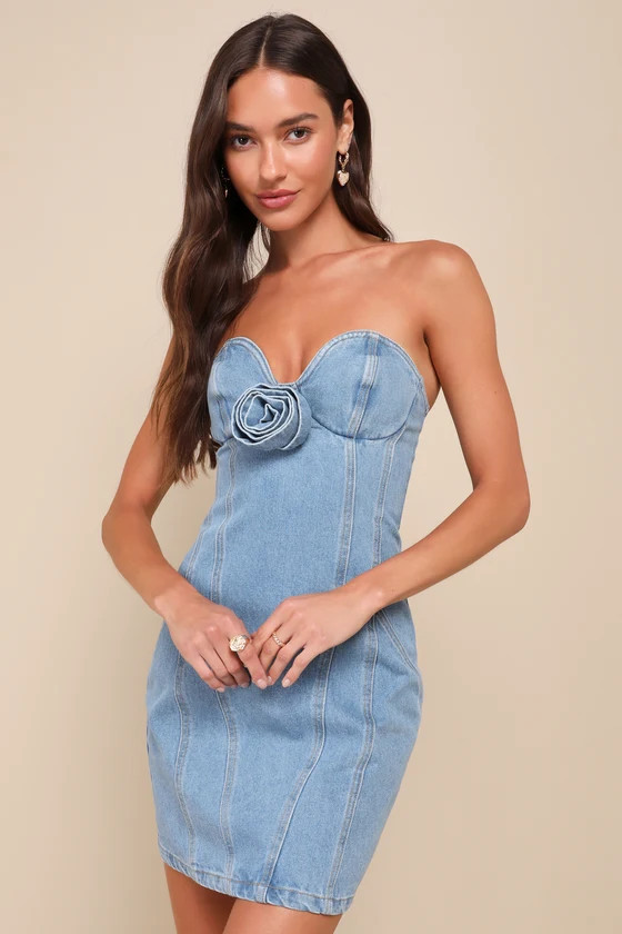 Exceptional Flirt Light Wash Denim Rosette Strapless Mini Dress | Lulus